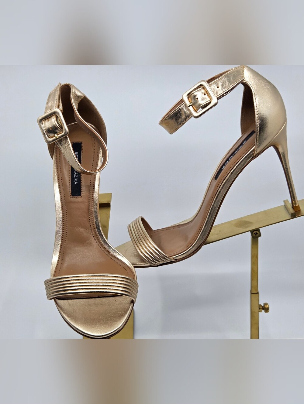 BCBGMAXAZRIA Metic Gold Ankle-Strap Stiletto Sandals Size 11